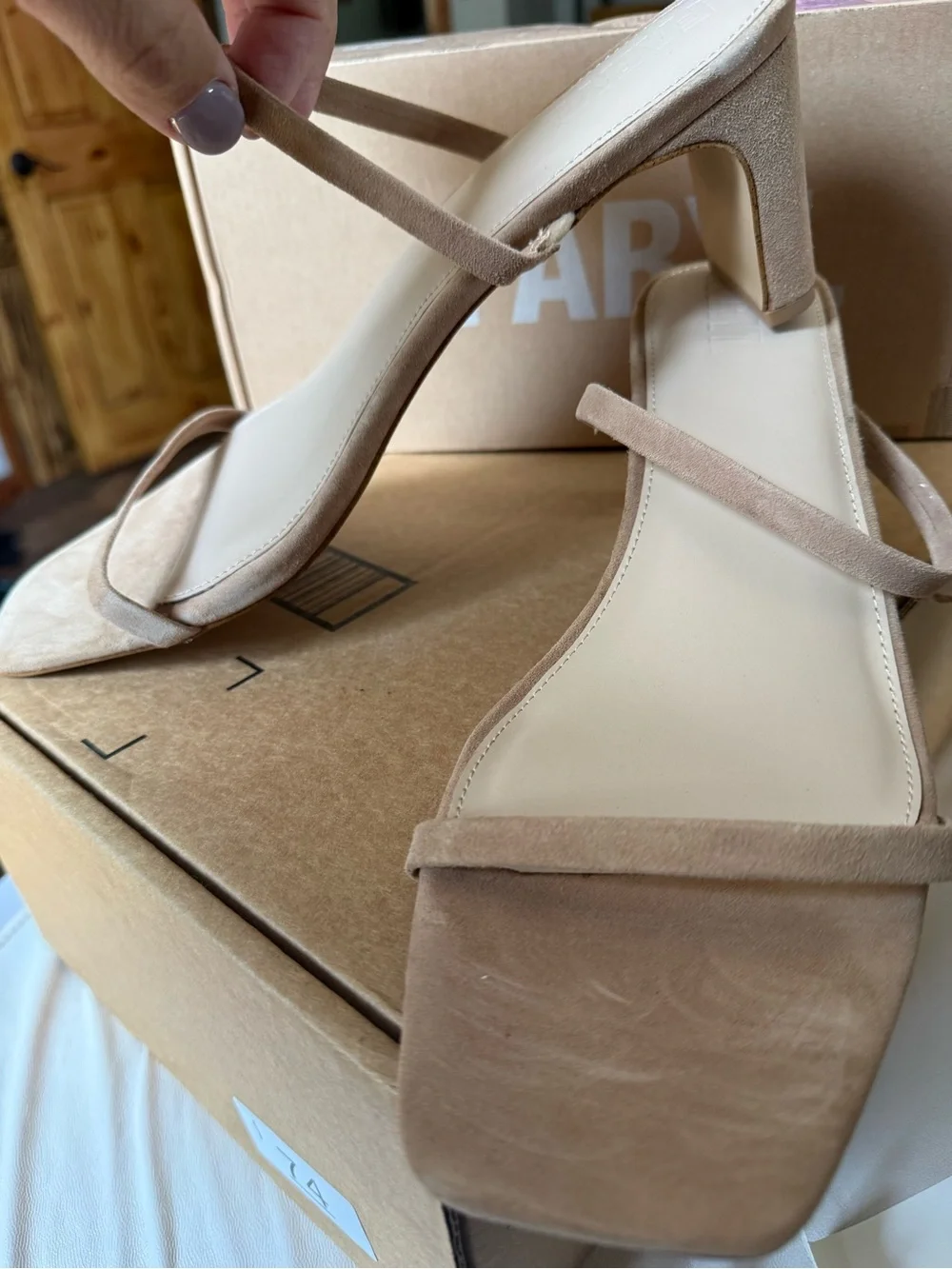 Faryl Beige Suede Strappy Square-Toe Low Heel Sandals